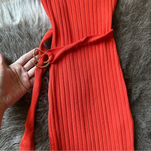 Hera Collection Ribbed Stretch Knit Belted Dress - Medium - Orange - NWT - Picture 3 of 6